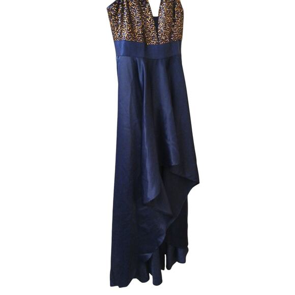 Elegant Formal Dress Sz 8 Navy Blue Gold Sequins Top Spaghetti Straps HI-LO Prom - Picture 13 of 16
